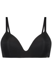 Schwarzer BH mit einem glatten, nahtlosen Design und einer tiefen V-Ausschnittform. Verfügt über dünne, verstellbare Träger und ein kleines Markenschild an der Seite.