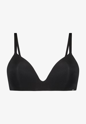 Zwarte bh met een glad, naadloos ontwerp en een diepe V-hals. Voorzien van dunne verstelbare bandjes en een klein merketiket aan de zijkant.