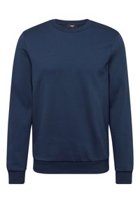 Sweat-shirt bleu marine col rond, manches longues, poignets et taille côtelés, en tissu doux.