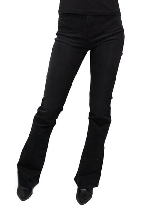 Jeans neri a zampa d'elefante, realizzati in denim, con vita aderente, sbiaditi sulle cosce e una superficie liscia. Senza motivi o guarnizioni visibili.