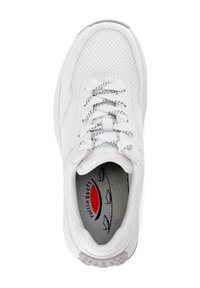 White athletic shoe with a mesh upper, textured laces, and a padded collar. Features a patterned insole with a prominent logo.