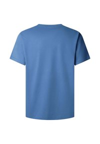 T-shirt bleu clair à manches courtes vu de dos avec un col rond et un tissu uni sur fond blanc.