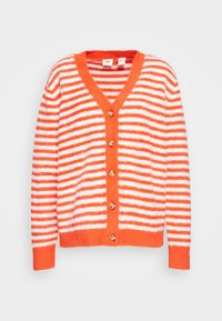 Oranžovo-bílý pruhovaný kardigan s výstřihem do V, zdobený knoflíky vpředu a žebrovanými okraji pro texturu.