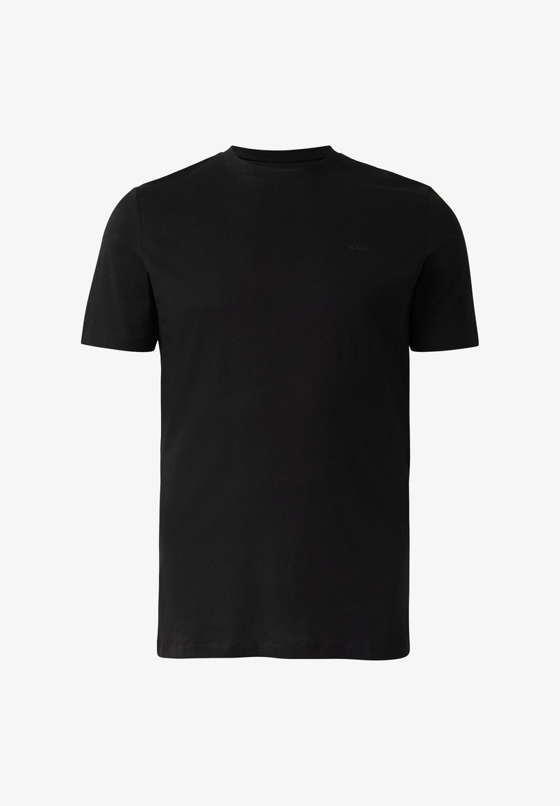T-shirt noir uni à manches courtes et col rond avec un petit logo subtil sur le côté gauche de la poitrine, présenté sur un fond blanc.