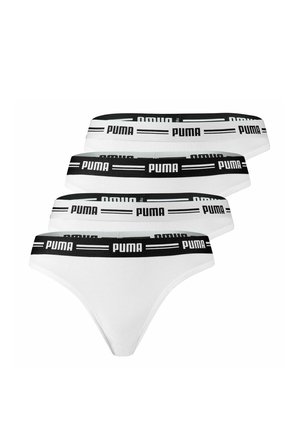 Four white thong-style underwear with alternating black and white elastic waistbands featuring the Puma logo in contrasting colors.