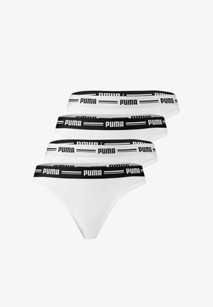Vier weiße Slip-Unterhosen mit Zungenstil und wechselnden schwarzen und weißen elastischen Bundabschlüssen, die das Puma-Logo in kontrastierenden Farben zeigen.