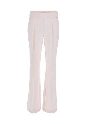 Pantalons évasés en tissu rose clair. Dotés d'une large taille, de coutures verticales et d'une texture lisse. Conçus pour un ajustement soigné.