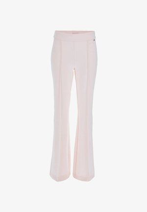 Pantalons évasés en tissu rose clair. Dotés d'une large taille, de coutures verticales et d'une texture lisse. Conçus pour un ajustement soigné.
