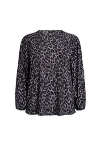 Blus i svart och grå leopardmönster med långa puffärmar, rund hals och en lös passform. Texturerad tyg med rynkor vid axlarna.