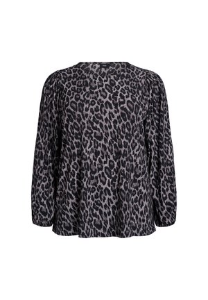 Zwart en grijs luipaardprint blouse met lange pofmouwen, ronde hals en een losse pasvorm. Geweven stof met plooien op de schouders.