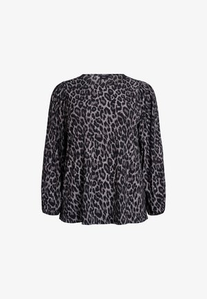 Schwarze und graue Leopardenmuster-Bluse mit langen Puffärmeln, Rundhalsausschnitt und lockerer Passform. Strukturierter Stoff mit Raffung an den Schultern.