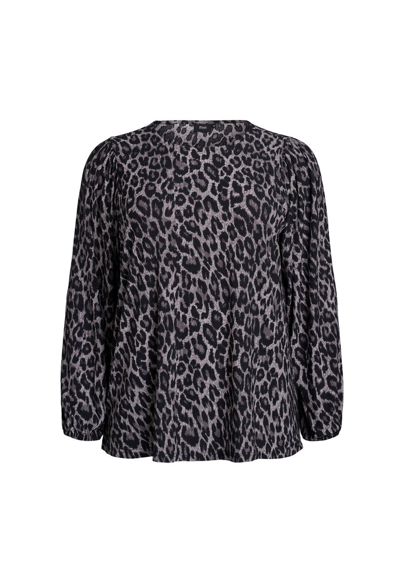 Blus i svart och grå leopardmönster med långa puffärmar, rund hals och en lös passform. Texturerad tyg med rynkor vid axlarna.