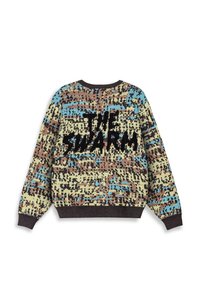Maglione a maniche lunghe in maglia con motivo pixelato nei colori marrone, blu, crema e nero, con la scritta "THE SWARM" in lettere nere grassetto sul retro.