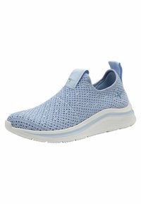 Ljust blå slip-on skor med ett stickat meshnät och en vit vadderad sula. Har en dragtab på hälen för enkel användning.
