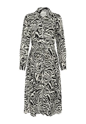 Obleka z vzorcem zebre v črno-beli barvi, z gumbnim zapenjanjem spredaj, dolgimi rokavi, pasom na zavezovanje in ovratnikom. Narejena iz lahkega materiala.