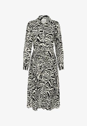Schwarz-weißes Zebra-Print-Kleid mit knöpfbarem Frontbereich, langen Ärmeln, Bindegürtel und Kragen. Hergestellt aus leichtem Material.