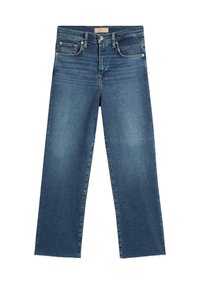 Jeans di jeans blu a gamba larga con orlo sfrangiato e design a cinque tasche. Realizzati in robusto tessuto di cotone. Chiusura con bottone e zip.