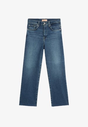 Wijde blauwe spijkerbroek met rafelige zoom en een ontwerp met vijf zakken. Gemaakt van stevige katoenen stof. Voorzien van knoop- en ritssluiting.