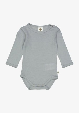 Helles grauer langärmliger Body aus weichem Material. Merkmale einen runden Ausschnitt, Druckknopfverschlüsse an der Schulter und am Boden sowie minimales Design.