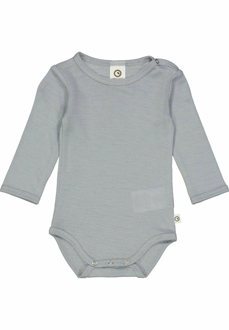 Světle šedý bodysuit s dlouhým rukávem vyrobený z měkkého materiálu. Má kulatý výstřih, patentky na rameni a na spodní části a minimalizované detaily.