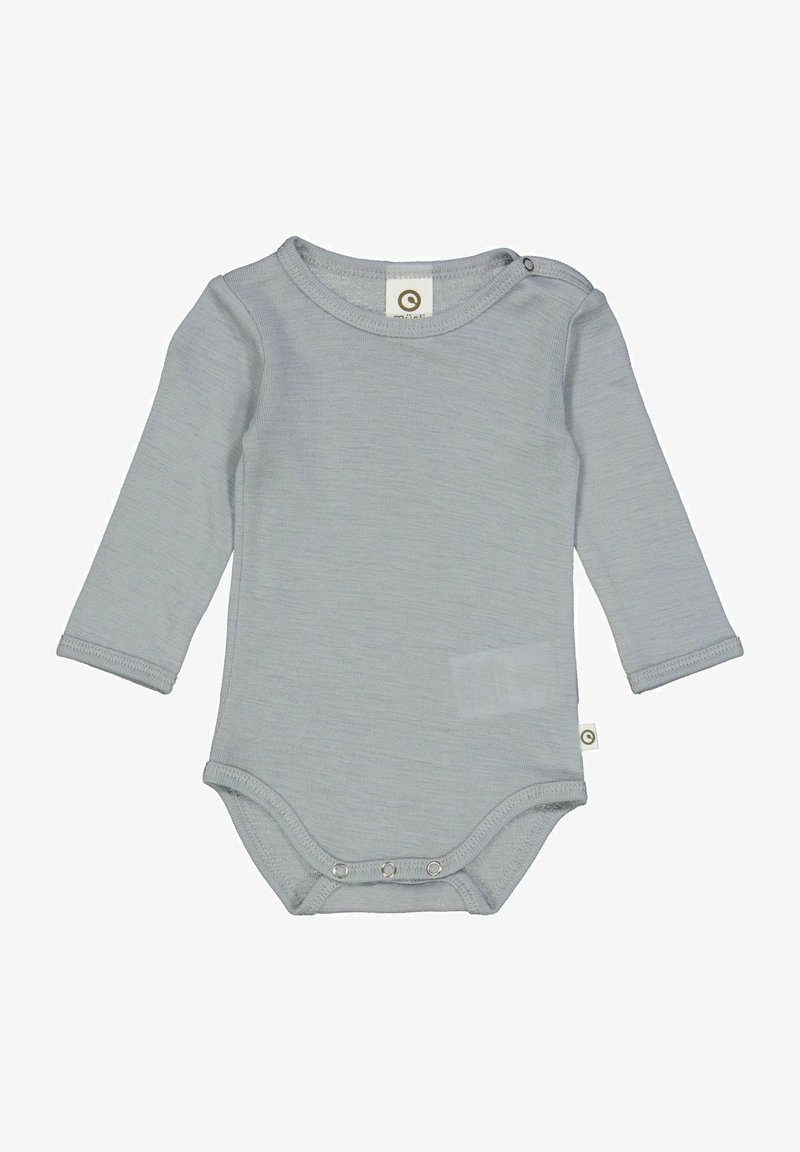 Světle šedý bodysuit s dlouhým rukávem vyrobený z měkkého materiálu. Má kulatý výstřih, patentky na rameni a na spodní části a minimalizované detaily.