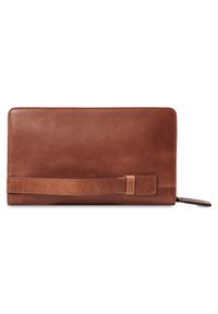 Brown leather wallet with a smooth texture, rectangular shape, and a wide leather strap closure featuring a rectangular accent at the side.