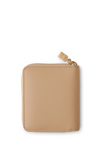 Beige leather wallet with a zip closure, rounded corners, and gold-tone hardware accents. Smooth texture with subtle stitching details.