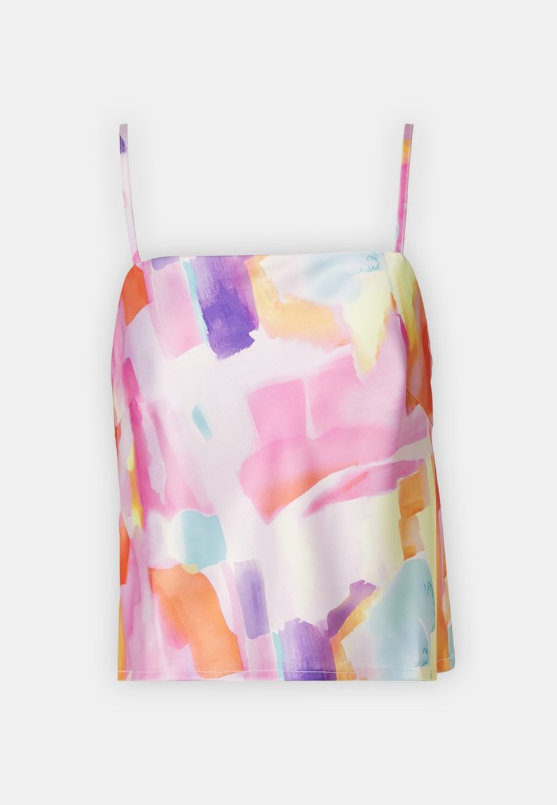 Caraco coloré sans manches avec fines bretelles et motifs abstraits aux coups de pinceau pastel en rose, orange, violet, bleu et jaune.