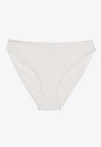 White cotton women's briefs with lace trim, ribbed texture, and a classic brief style. Features smooth edges and a comfortable fit.