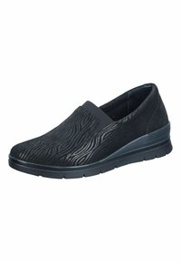 Black slip-on shoes with a textured wave pattern, elastic top band, and a cushioned sole for comfort. Lightweight and flexible design.