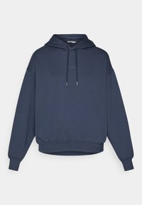 Felpa navy blue con cappuccio, tasca frontale a marsupio, polsini e orlo rigati. Il testo "BORG" è ricamato sul petto.