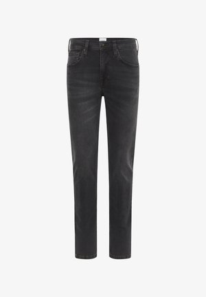 Fekete farmernadrág, egyenes fazonnal, öt zsebes kialakítással és diszkrét kopásmintával. Cipzáros zárással és övbújtatókkal ellátva.