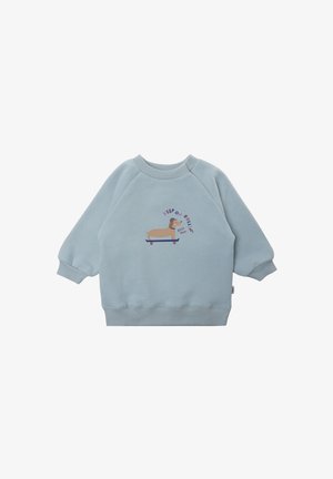 Light blue sweatshirt with raglan sleeves, featuring a cartoon dog on a skateboard and the text "KEEP ON ROLLIN'". Soft fabric, ribbed cuffs.