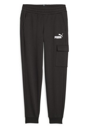 Pantalones de chándal negros con cintura elástica, bolsillos laterales y un bolsillo cargo en la pierna derecha. Presenta un logotipo blanco de Puma.