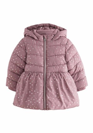 Manteau bébé matelassé rose avec capuche, manches longues, fermeture éclair à l'avant et motif d'étoiles argentées sur l'ensemble du tissu.