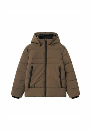 Veste rembourrée marron avec capuche, dotée de poches zippées noires, d'un zip à l'avant et de poignets côtelés. Texture lisse avec des détails cousus.