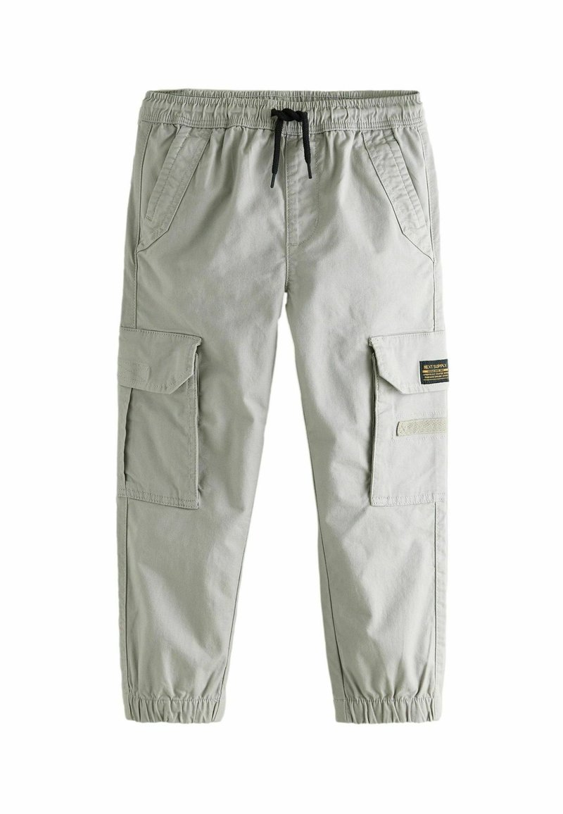 Lichtgrijze cargobroek met elastische tailleband, trekkoorddetail, meerdere zijzakken en cuffed enkels. Gemaakt van duurzaam materiaal.