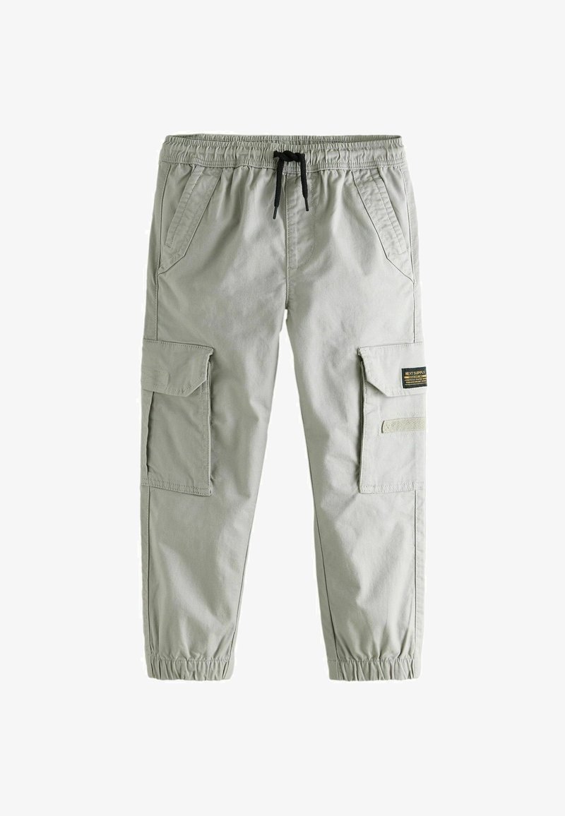 Hellegraue Cargo-Hose mit elastischem Bund, Kordelzugdetails, mehreren Seitentaschen und Bündchen an den Knöcheln. Aus strapazierfähigem Stoff gefertigt.