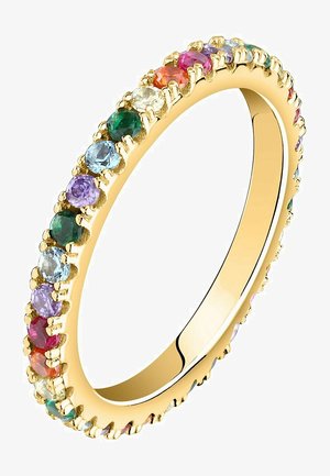 Goldring mit einer Reihe farbiger Edelsteine in verschiedenen Farbtönen, die rund um den gesamten Schaft in einer strukturierten Krappenfassung eingesetzt sind.