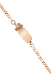 Bracciale dorato con un ciondolo a forma di cane e un piccolo ciondolo di cane attaccato a una catena a maglie, con un'etichetta rettangolare vuota al centro.