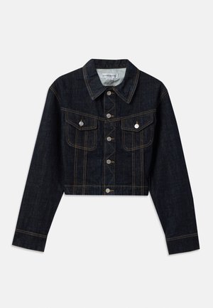 Cropped dark denim jacket featuring a pointed collar, two front pockets with flaps, and contrasting golden stitching throughout.