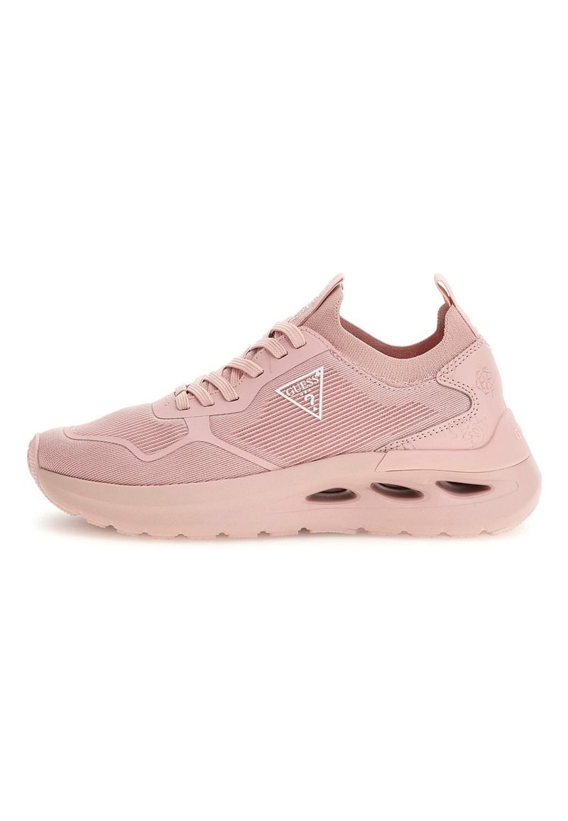 Helle rosa Sportschuhe mit einer strukturierten Oberseite, runder Zehenpartie, gepolstertem Schaft und einem Logo an der Seite. Verfügt über sichtbare Luftpolsterung in der Sohle.