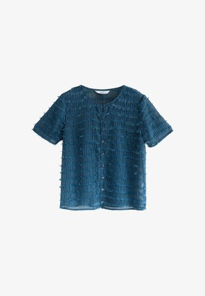 Teal short-sleeve blouse with textured crinkle pattern, round neckline, and button closure. Soft, sheer fabric with frayed hem detailing.