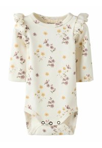 Kwiatowy bodziak dla niemowląt z falbaniastymi rękawami, z żółtymi i fioletowymi kwiatami oraz motylkami na jasnym tle. Guziki na dole.