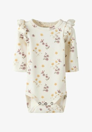 Lillelille lilleline beebivoodi lillede ja liblikatega, millel on voltidega varrukad, valgel taustal. Allosas nupud.