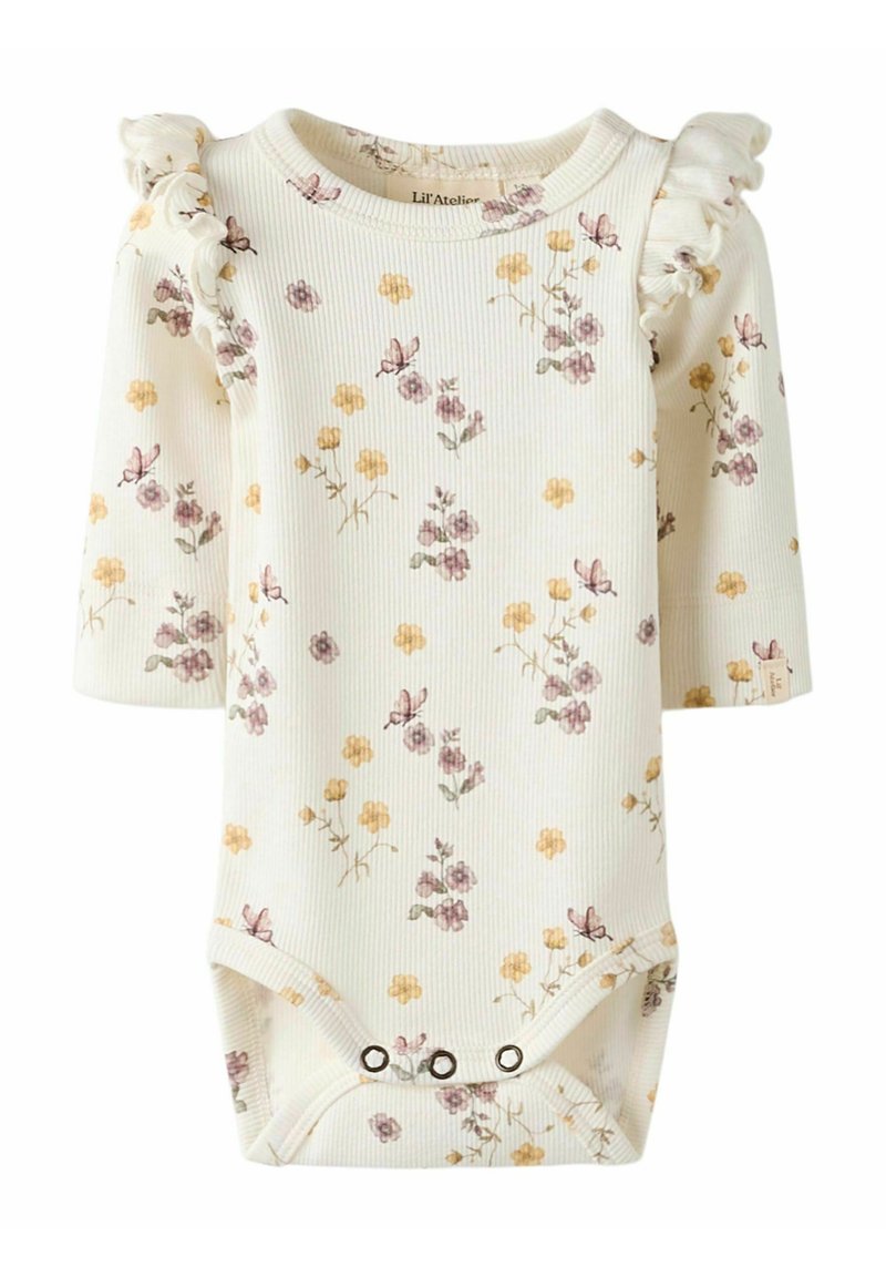 Kwiatowy bodziak dla niemowląt z falbaniastymi rękawami, z żółtymi i fioletowymi kwiatami oraz motylkami na jasnym tle. Guziki na dole.