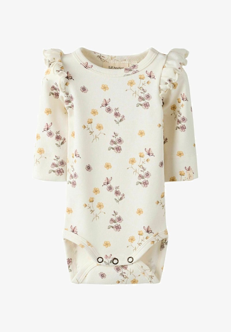Kwiatowy bodziak dla niemowląt z falbaniastymi rękawami, z żółtymi i fioletowymi kwiatami oraz motylkami na jasnym tle. Guziki na dole.