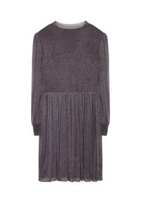 Schimmerndes graues Kleid mit langen Ärmeln, rundem Ausschnitt und strukturiertem Stoff. Faltenrock sorgt für Volumen; subtiler Glanz überall.