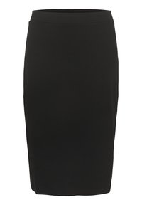 Schwarzer Bleistiftrock aus glattem Stoff. Er verfügt über eine figurbetonte Passform mit einem einfachen, elastischen Bund und einem geraden Schnitt, der oberhalb des Knies endet.