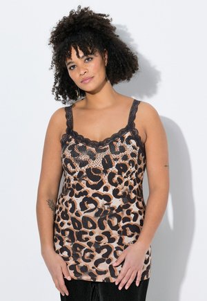 Lepelprint camisole met een kantafgewerkte halslijn en spaghettibandjes. Zachte stof in beige, bruine en zwarte tinten. Soepele textuur.